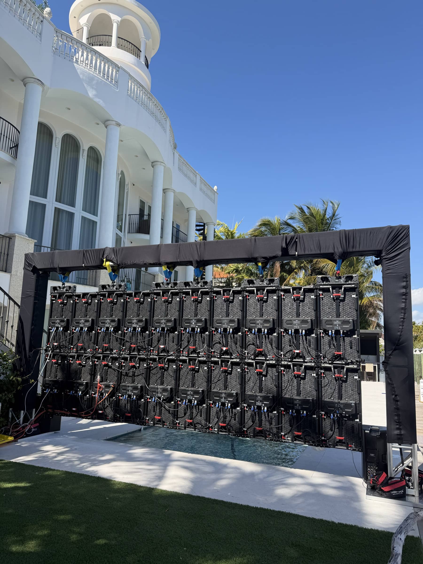The back of the LED wall: panels, data and power runs on ground-support truss